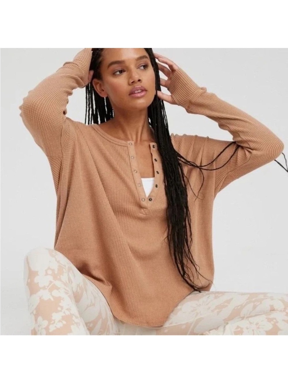Offline by Aerie Waffle-Knit Henley Long Sleeve Top Camel Color Size Small
